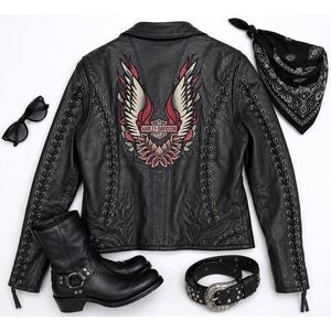 Harley Davidson Gypsy Road Laced Black Leather Riding Moto Jacket Small Womens